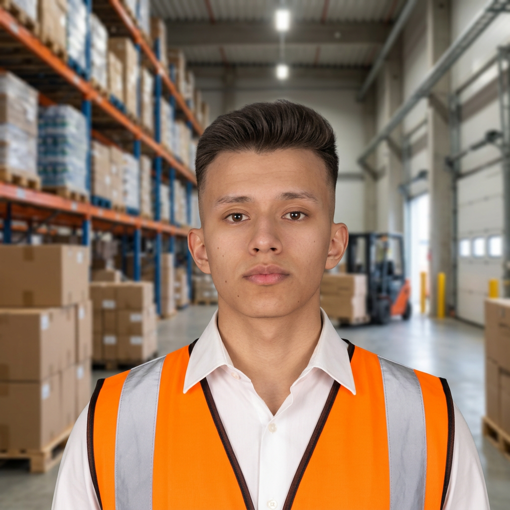 Founder of Global Freight labor Services LLC in a safety vest inside a distribution warehouse
