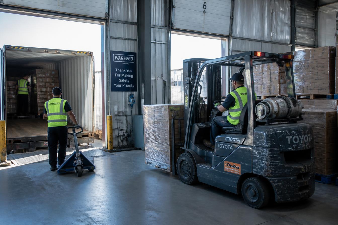 Lumper crew unloading an import container at a Northeast distribution warehouse